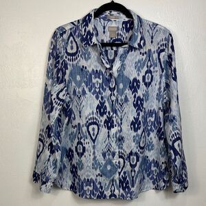 Chico's Linen No Iron Relaxed Fit Long Sleeve Button Down Shirt Size L